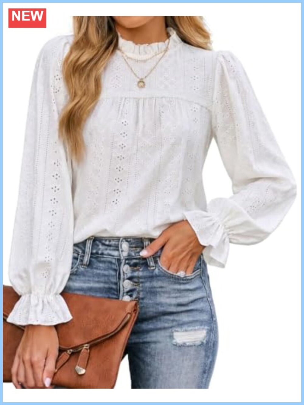 Eyelet Embroidered Blouse Long Sleeve Mock Neck Puff Sleeve Top
